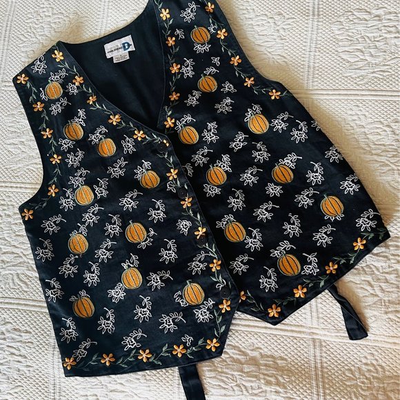 Vintage Vest Paul Harris Design Black Cotton Size S Embroidered Pumpkins Boho - Picture 1 of 7